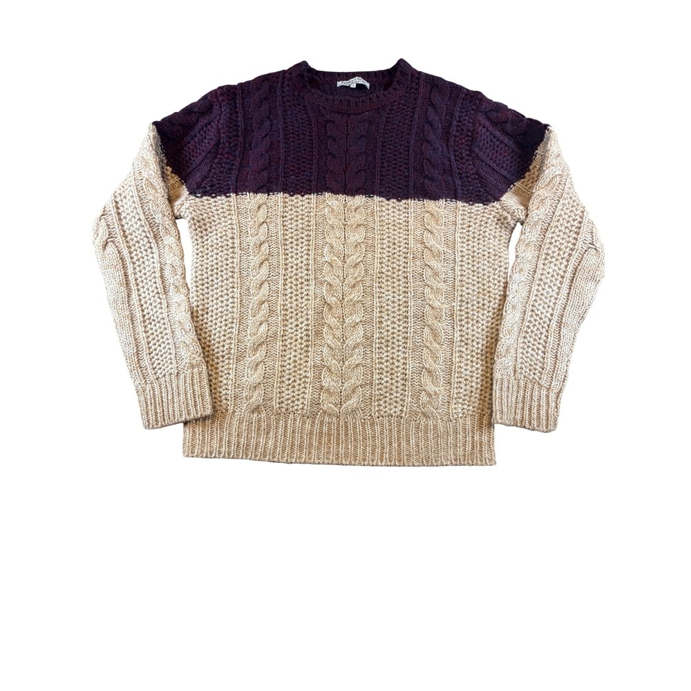 Paisley & Gray Mens Cable Knit Colorblock Sweater Burgundy Tan Crewneck Medium